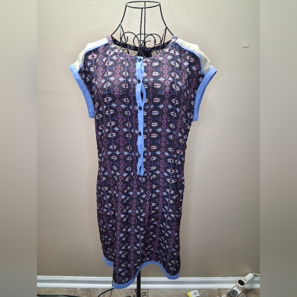Greylin Blue Tan Silk Geometric Print Dress Size -L - Picture 9 of 11